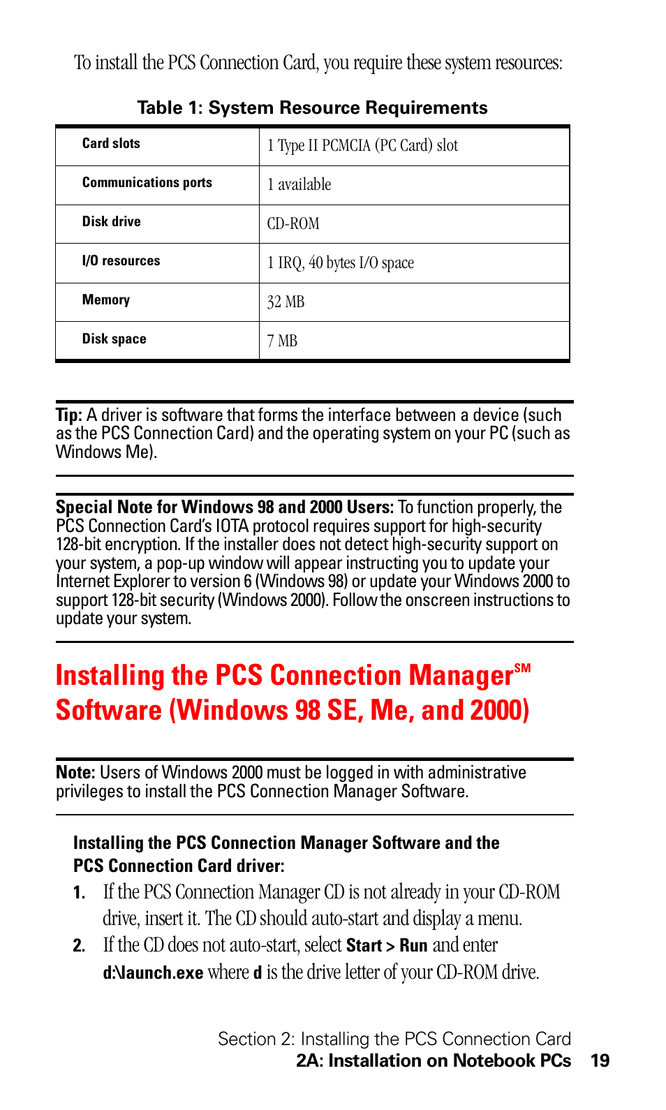Installing the pcs connection manager, If the cd does not auto-start, select, And enter | Where, Is the drive letter of your cd-rom drive | Sprint Nextel 550 User Manual | Page 25 / 175