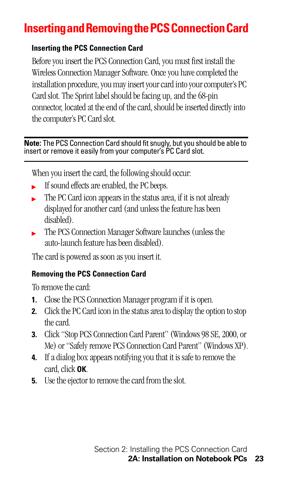 Inserting and removing the pcs connection card, If sound effects are enabled, the pc beeps, Use the ejector to remove the card from the slot | Sprint Nextel 550 User Manual | Page 29 / 175