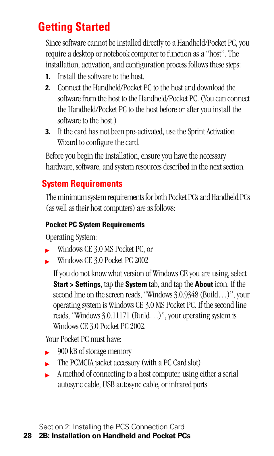 Getting started, System requirements, Install the software to the host | Operating system, Windows ce 3.0 ms pocket pc, or, Tap the, Tab, and tap the, The pcmcia jacket accessory (with a pc card slot) | Sprint Nextel 550 User Manual | Page 34 / 175