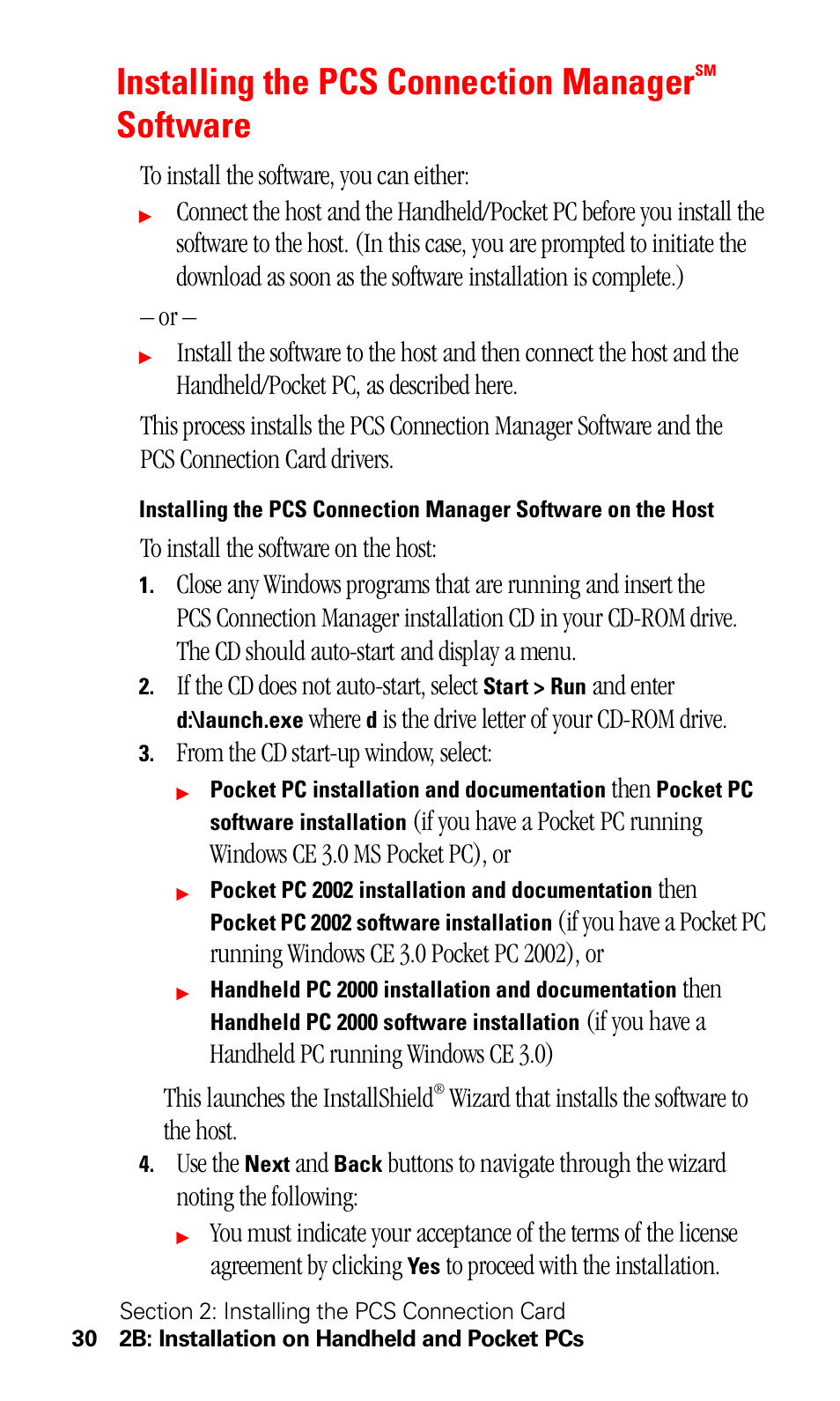 Installing the pcs connection managersm software, Installing the pcs connection manager, Software | If the cd does not auto-start, select, And enter, Where, Is the drive letter of your cd-rom drive, Then, Wizard that installs the software to the host, Use the | Sprint Nextel 550 User Manual | Page 36 / 175