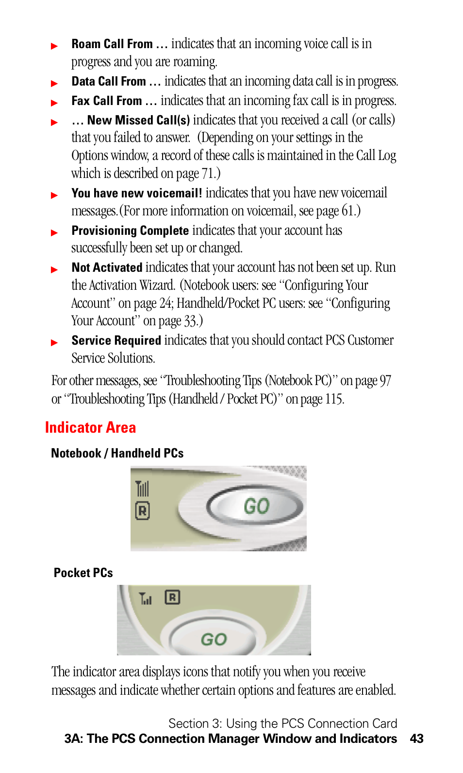 Indicator area, Indicates that an incoming fax call is in progress | Sprint Nextel 550 User Manual | Page 49 / 175