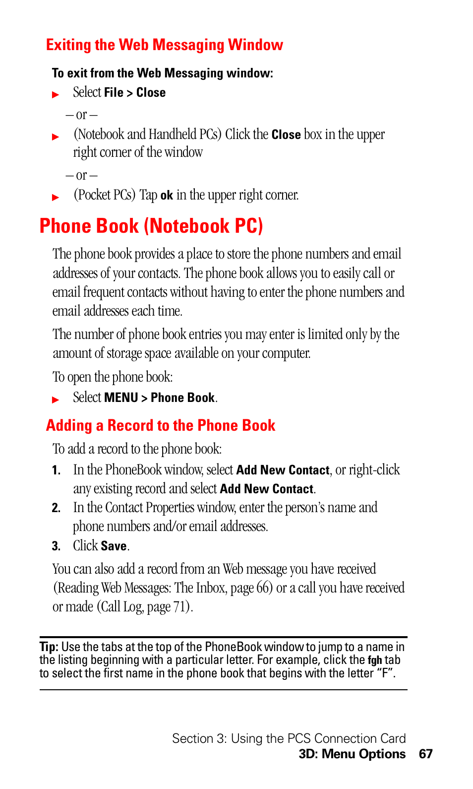 Exiting the web messaging window, Phone book (notebook pc), Adding a record to the phone book | Select, Box in the upper right corner of the window – or, Pocket pcs) tap, Or right-click any existing record and select, Click | Sprint Nextel 550 User Manual | Page 73 / 175