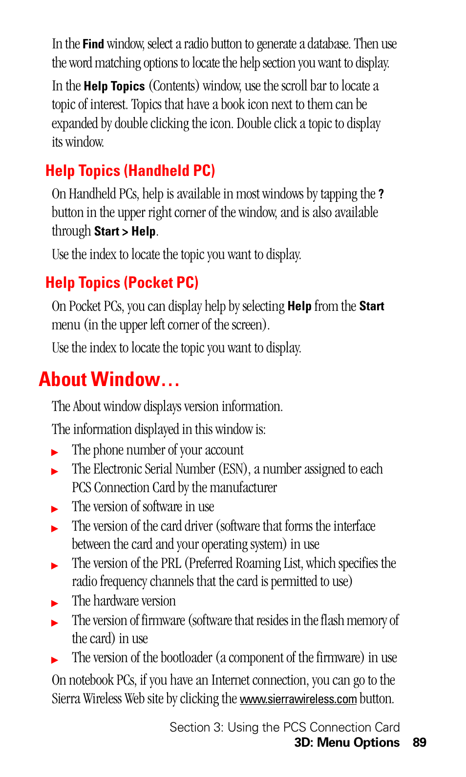 Help topics (handheld pc), Help topics (pocket pc), About window | Help topics (handheld pc) help topics (pocket pc), The phone number of your account, The version of software in use, The hardware version, Button | Sprint Nextel 550 User Manual | Page 95 / 175