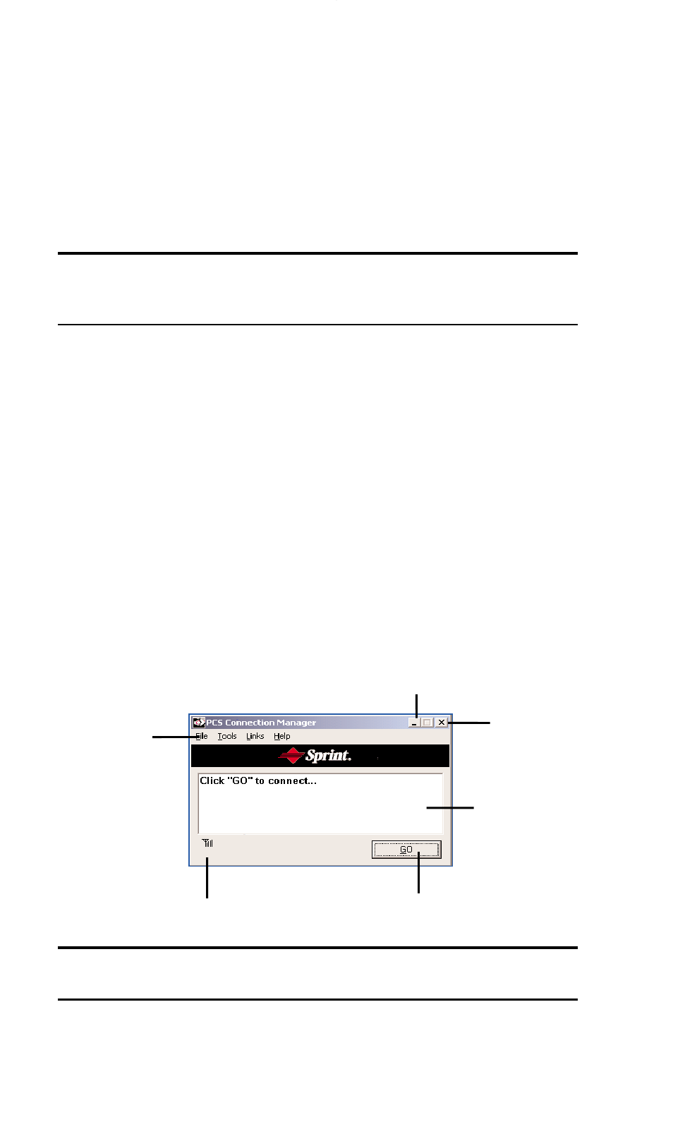 Accessing links, Windows main interface, Click | On the pcs connection manager interface, Select, A menu in the top left corner, Minimize and close buttons in the top right corner, A message area (the bottom portion of the display), An indicator area (below the message area) | Sprint Nextel PC3200 User Manual | Page 47 / 101