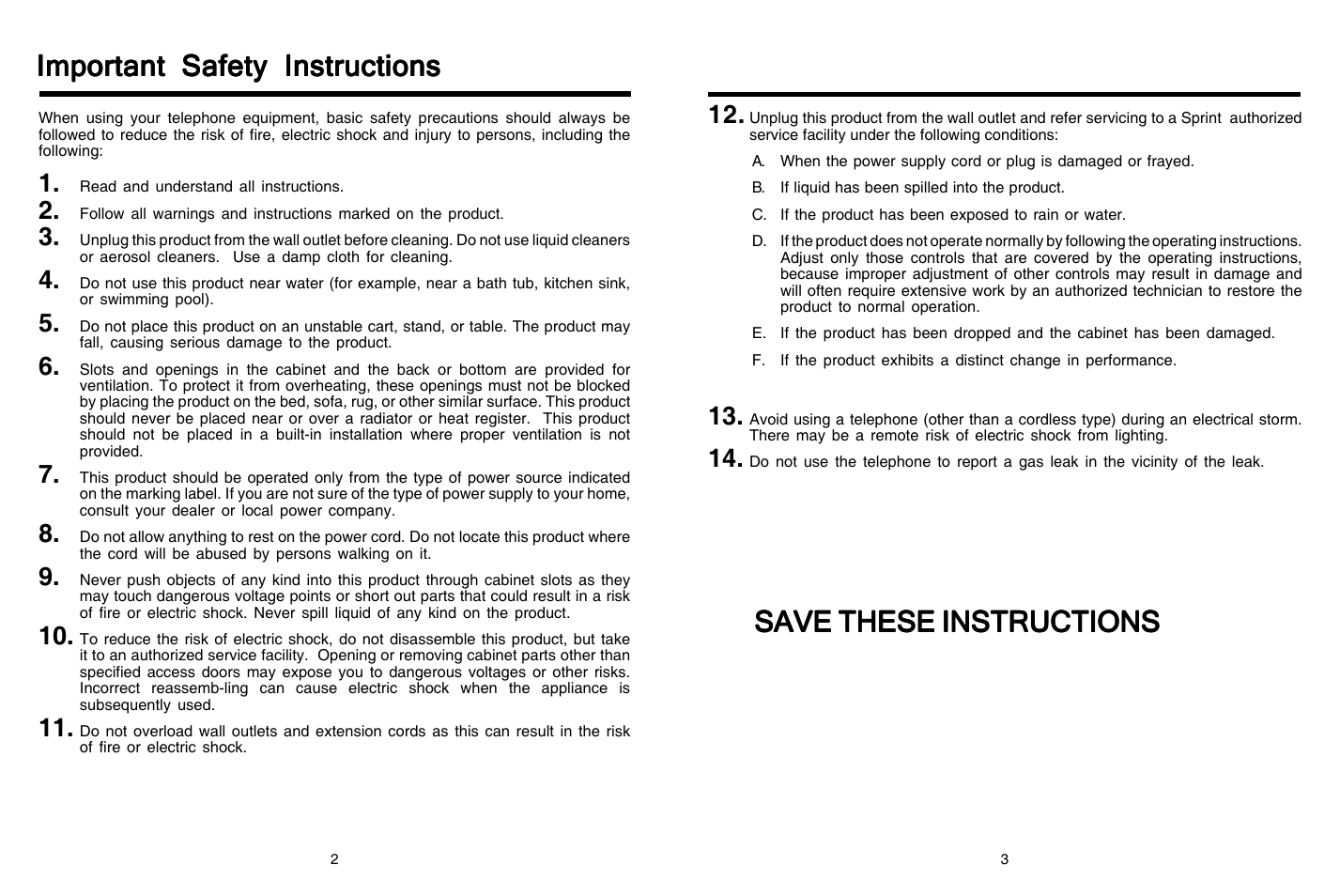 Important safety instructions, Save these instructions | Sprint Nextel 2422 User Manual | Page 2 / 9