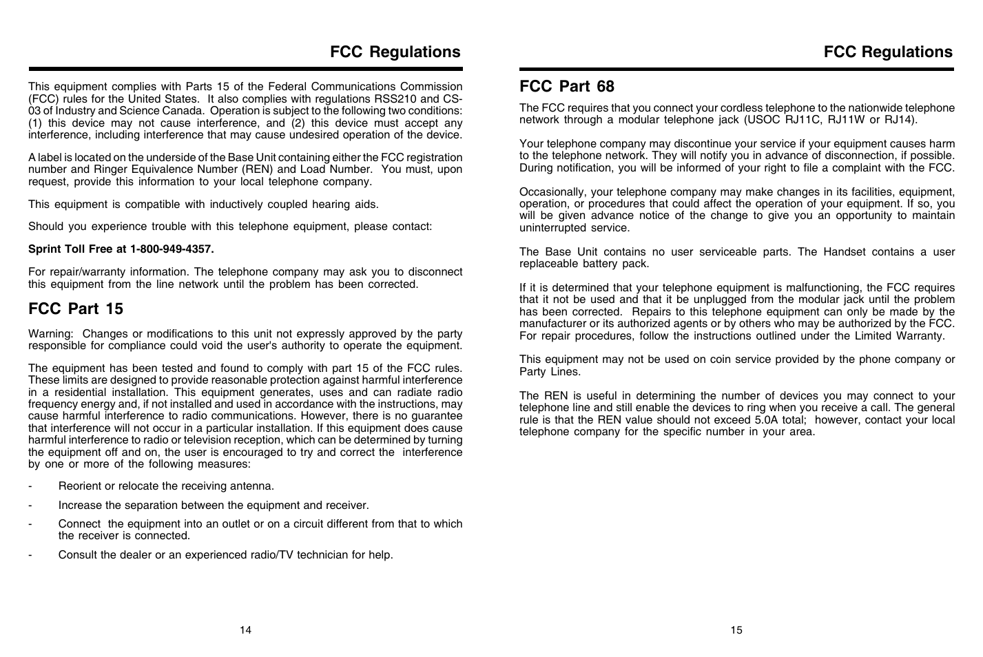 Fcc regulations, Fcc part 15, Fcc part 68 | Sprint Nextel 2422 User Manual | Page 8 / 9