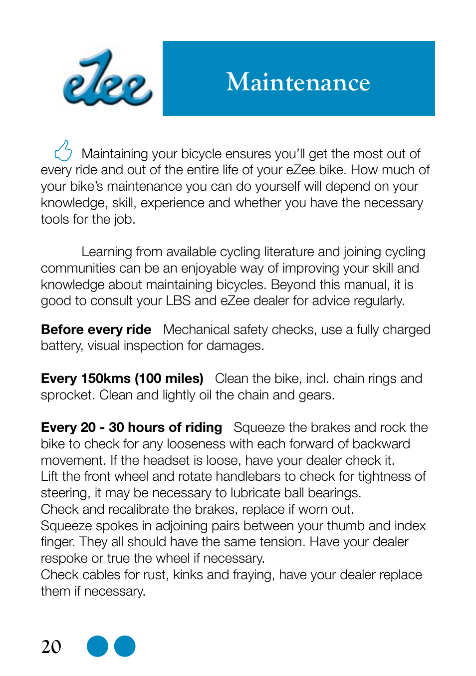 Maintenance | Sprint Nextel eZee Bike User Manual | Page 20 / 26