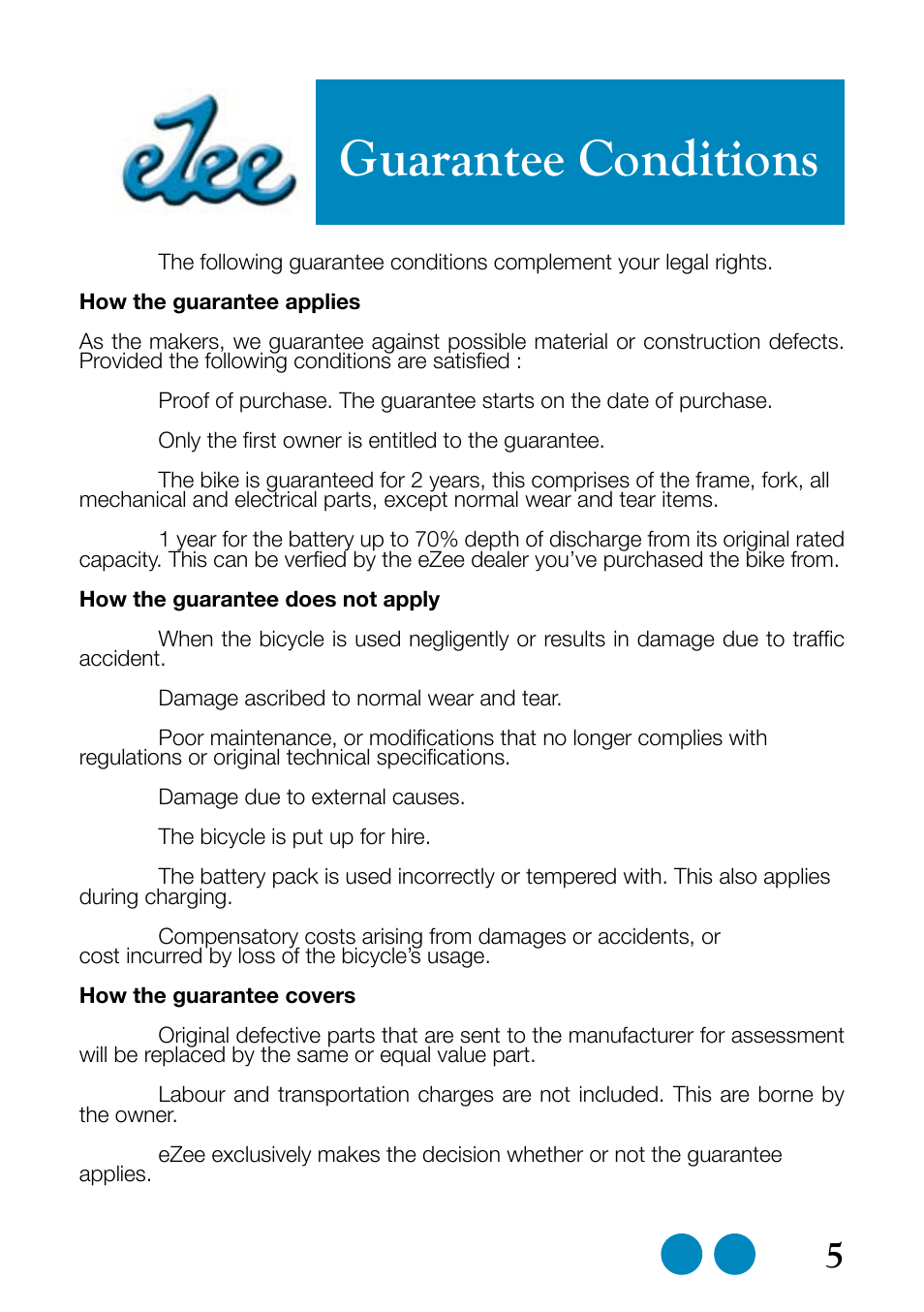 Guarantee conditions | Sprint Nextel eZee Bike User Manual | Page 5 / 26
