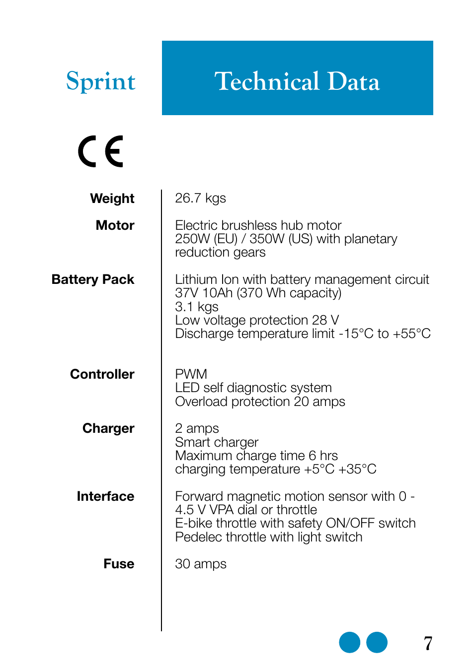 Technical data, Sprint | Sprint Nextel eZee Bike User Manual | Page 7 / 26