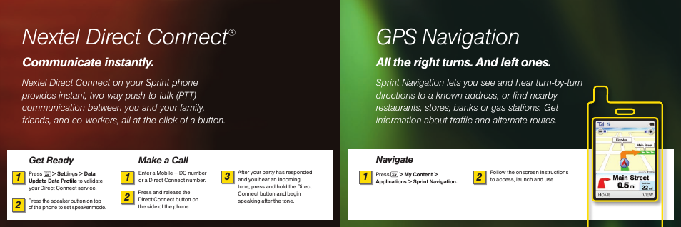 Nextel direct connect, Gps navigation, Communicate instantly | All the right turns. and left ones | Sprint Nextel GH68-17398A User Manual | Page 3 / 12