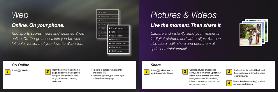 Pictures & videos, Online. on your phone, Live the moment. then share it | Go online, Share | Sprint Nextel GH68-17398A User Manual | Page 4 / 12