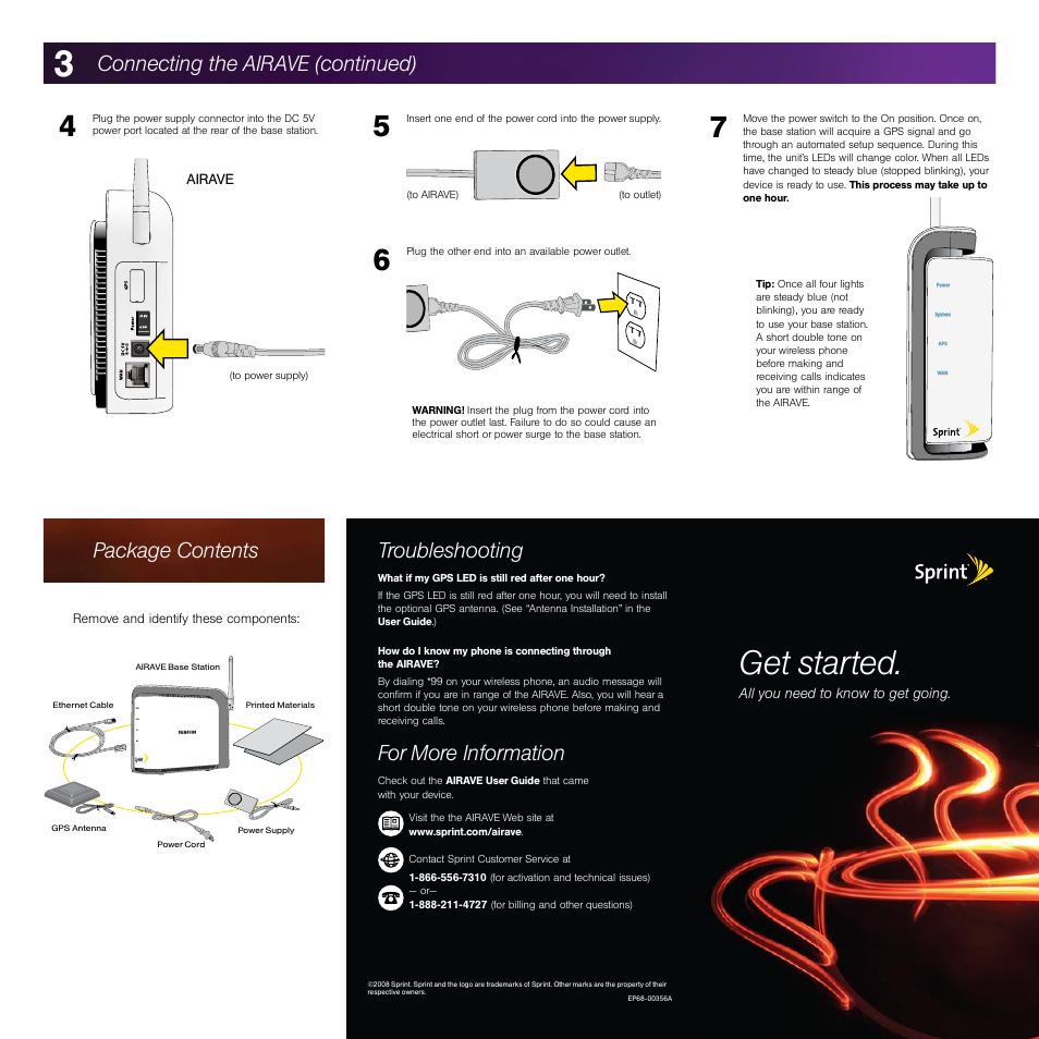 Get started, Troubleshooting, For more information | Connecting the airave (continued), Package contents | Sprint Nextel EP68-00356A User Manual | Page 2 / 2