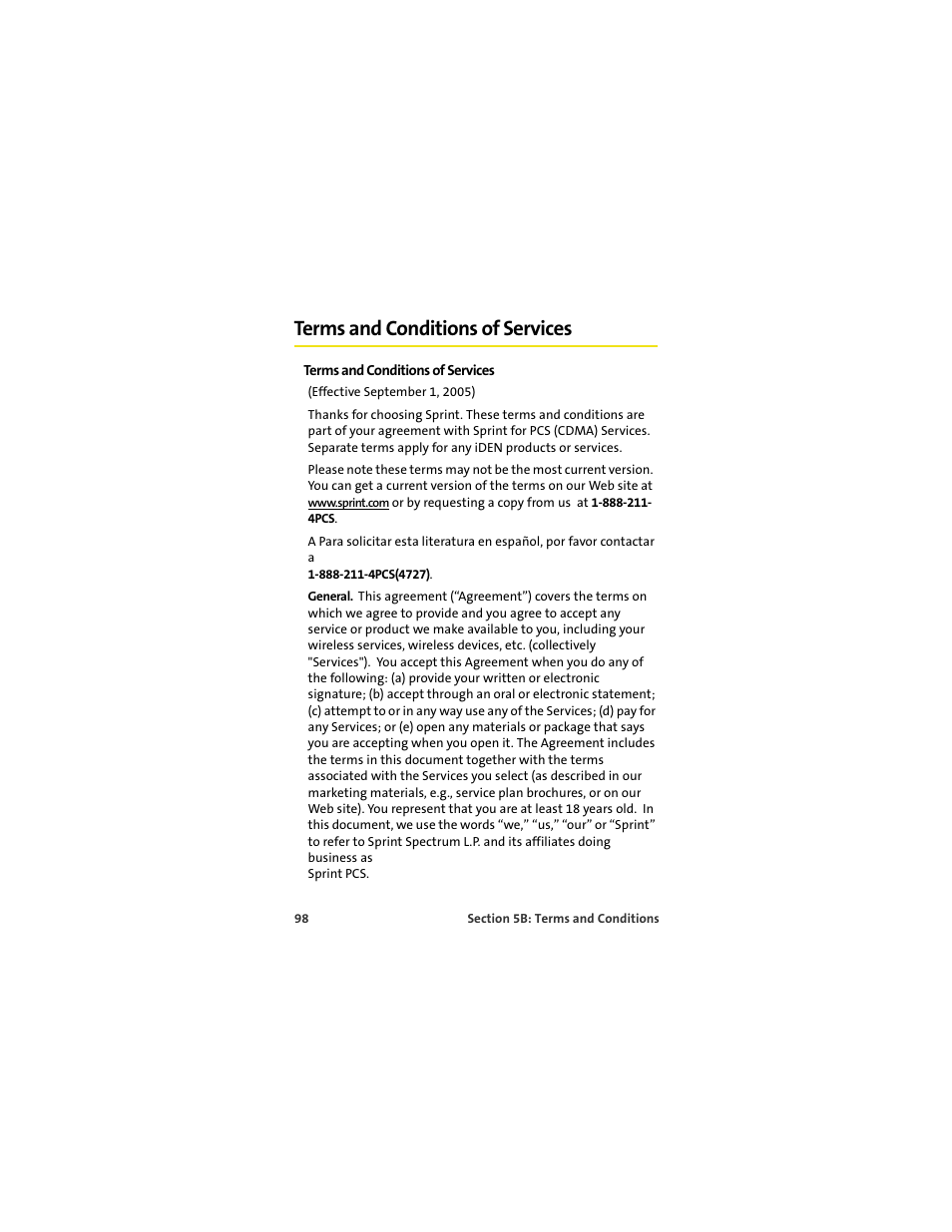 Terms and conditions of services | Sprint Nextel S720 User Manual | Page 104 / 119