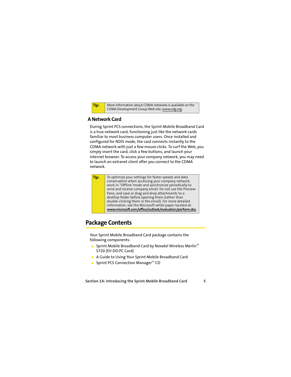 A network card, Package contents | Sprint Nextel S720 User Manual | Page 11 / 119