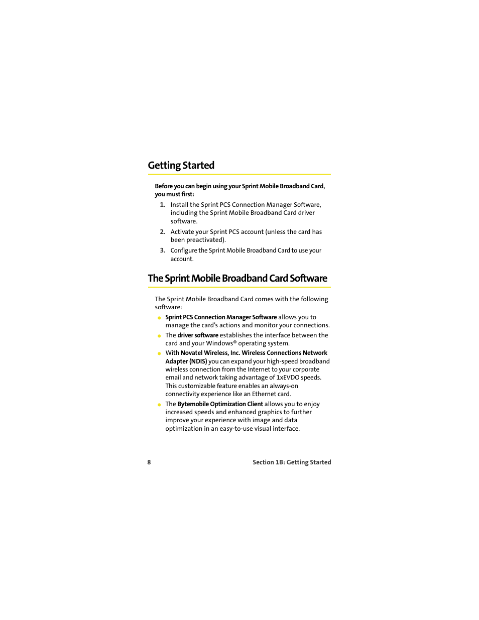 Getting started, The sprint mobile broadband card software | Sprint Nextel S720 User Manual | Page 14 / 119