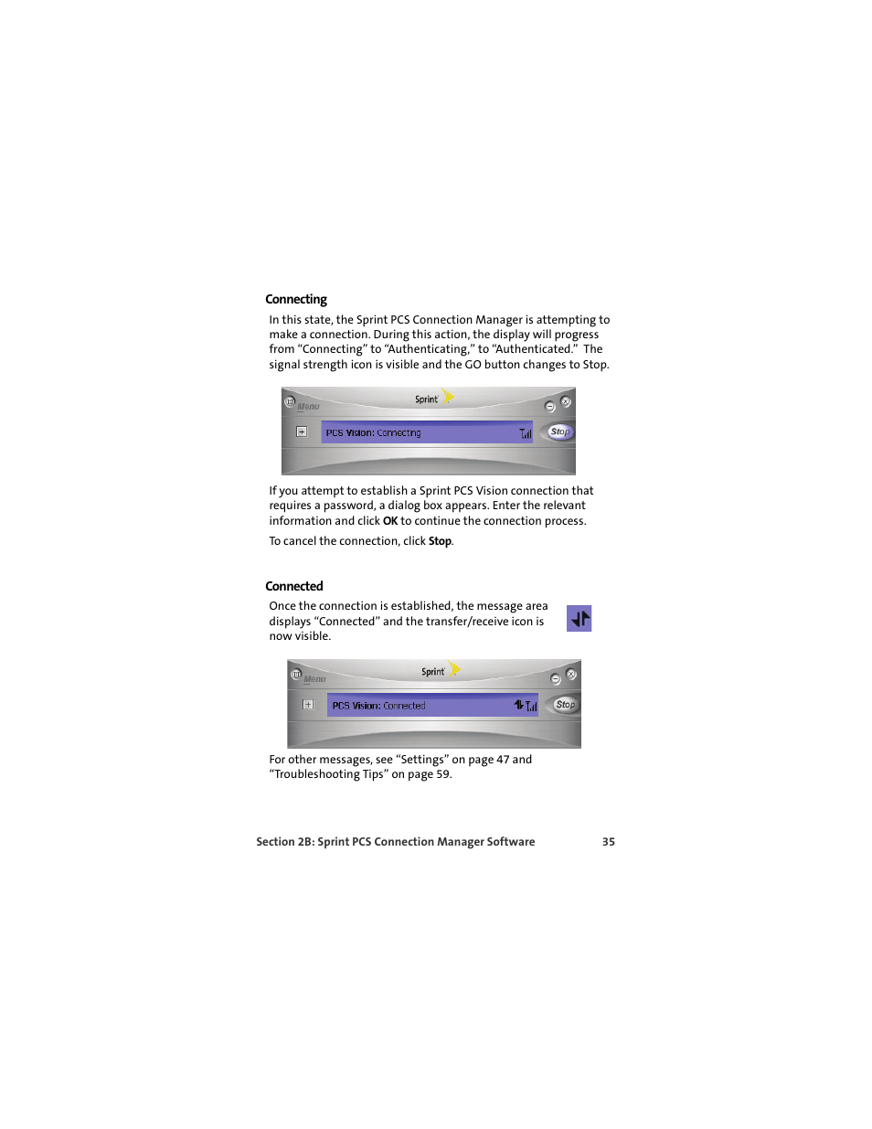 Connecting, Connected | Sprint Nextel S720 User Manual | Page 41 / 119