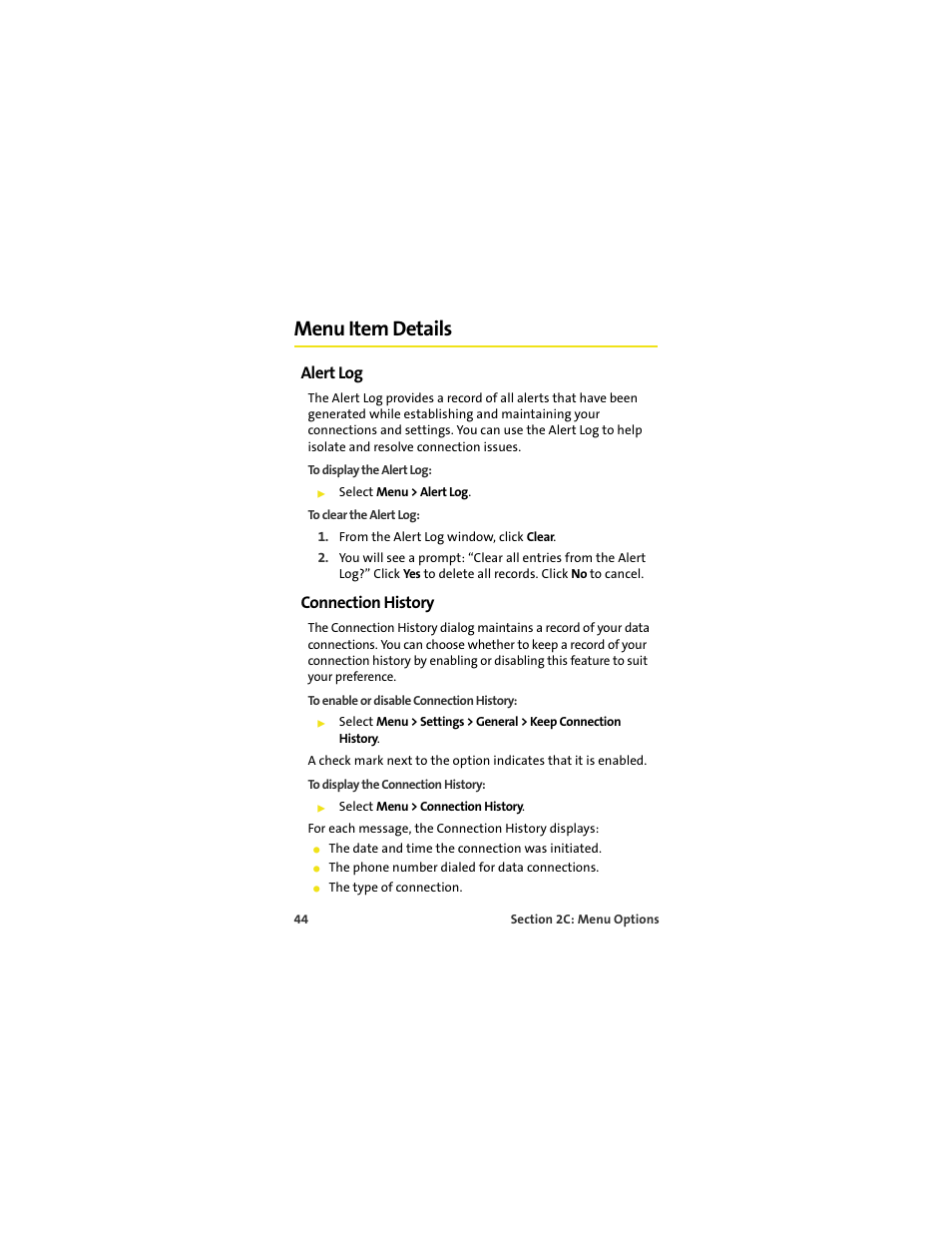 Menu item details, Alert log, Connection history | Sprint Nextel S720 User Manual | Page 50 / 119