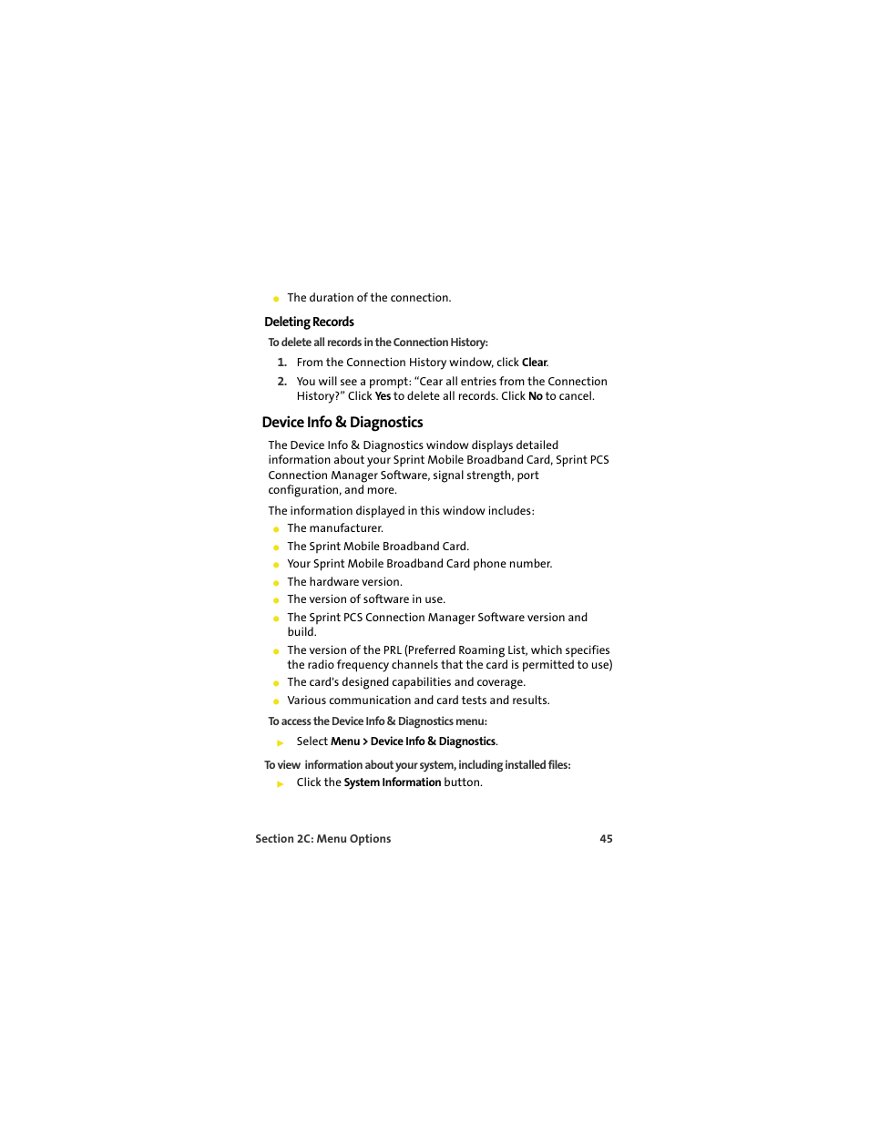 Deleting records, Device info & diagnostics | Sprint Nextel S720 User Manual | Page 51 / 119