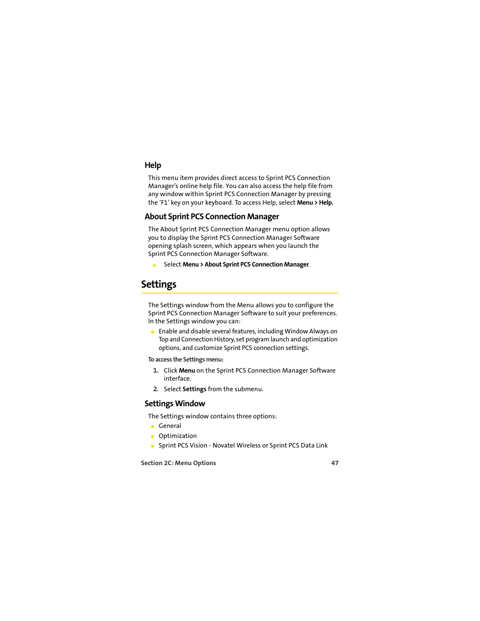 Help, About sprint pcs connection manager, Settings | Settings window | Sprint Nextel S720 User Manual | Page 53 / 119