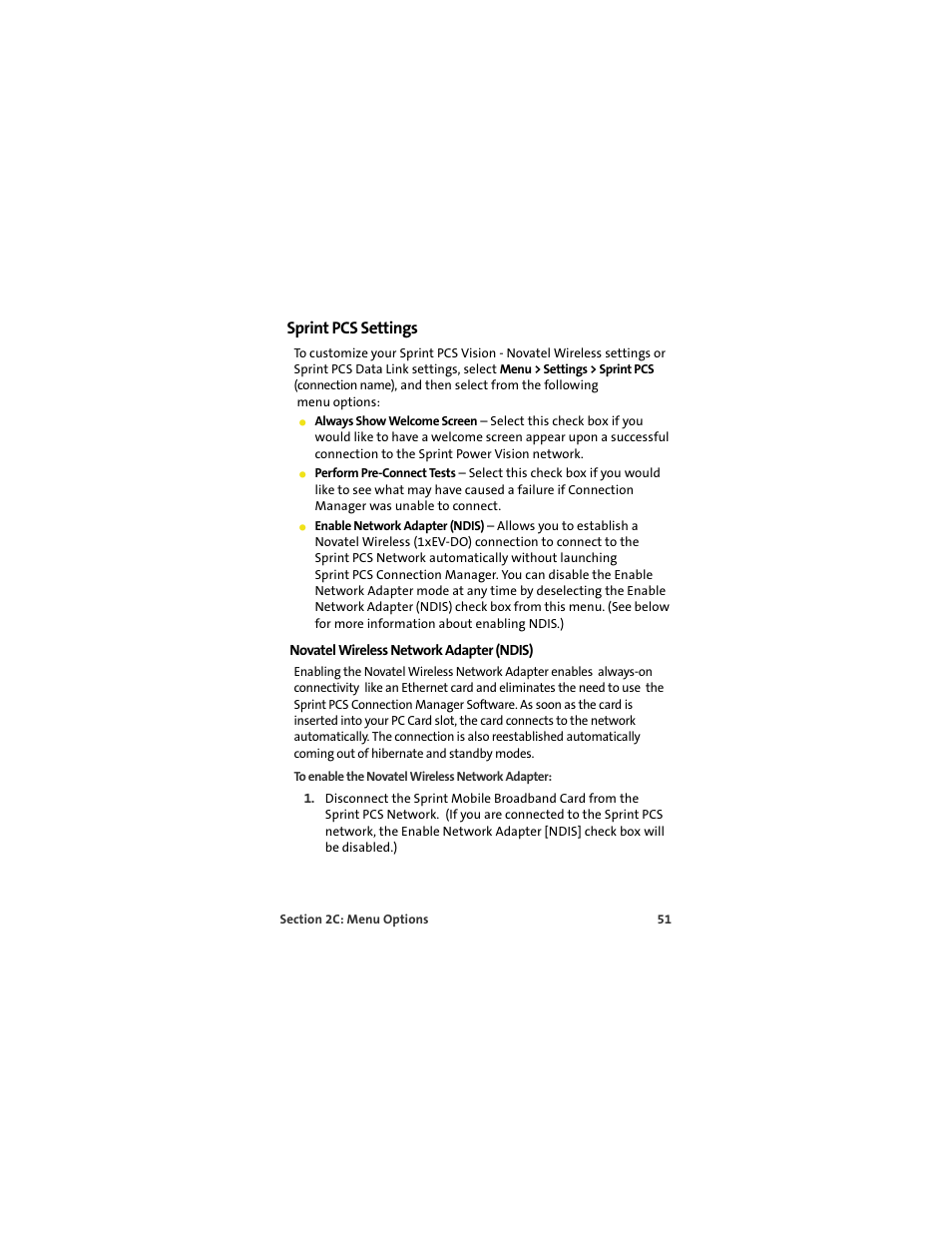 Sprint pcs settings, Novatel wireless network adapter (ndis) | Sprint Nextel S720 User Manual | Page 57 / 119