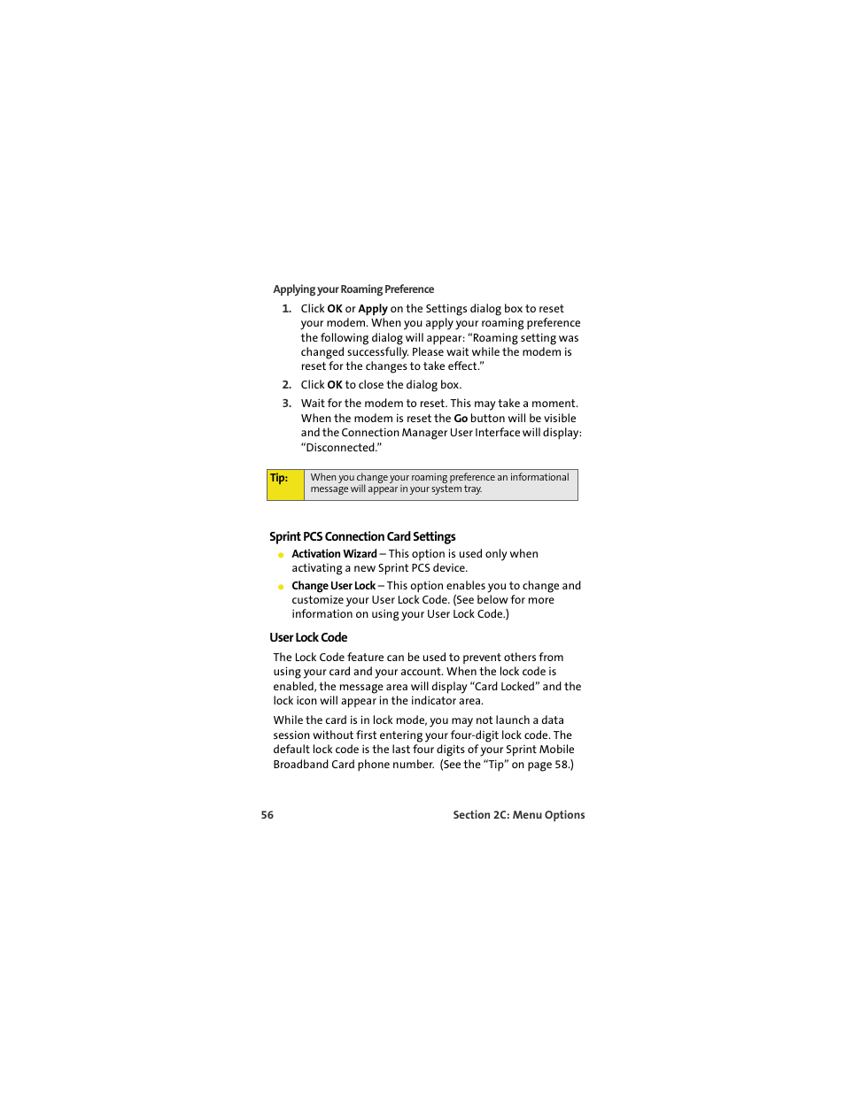 Sprint pcs connection card settings, User lock code | Sprint Nextel S720 User Manual | Page 62 / 119