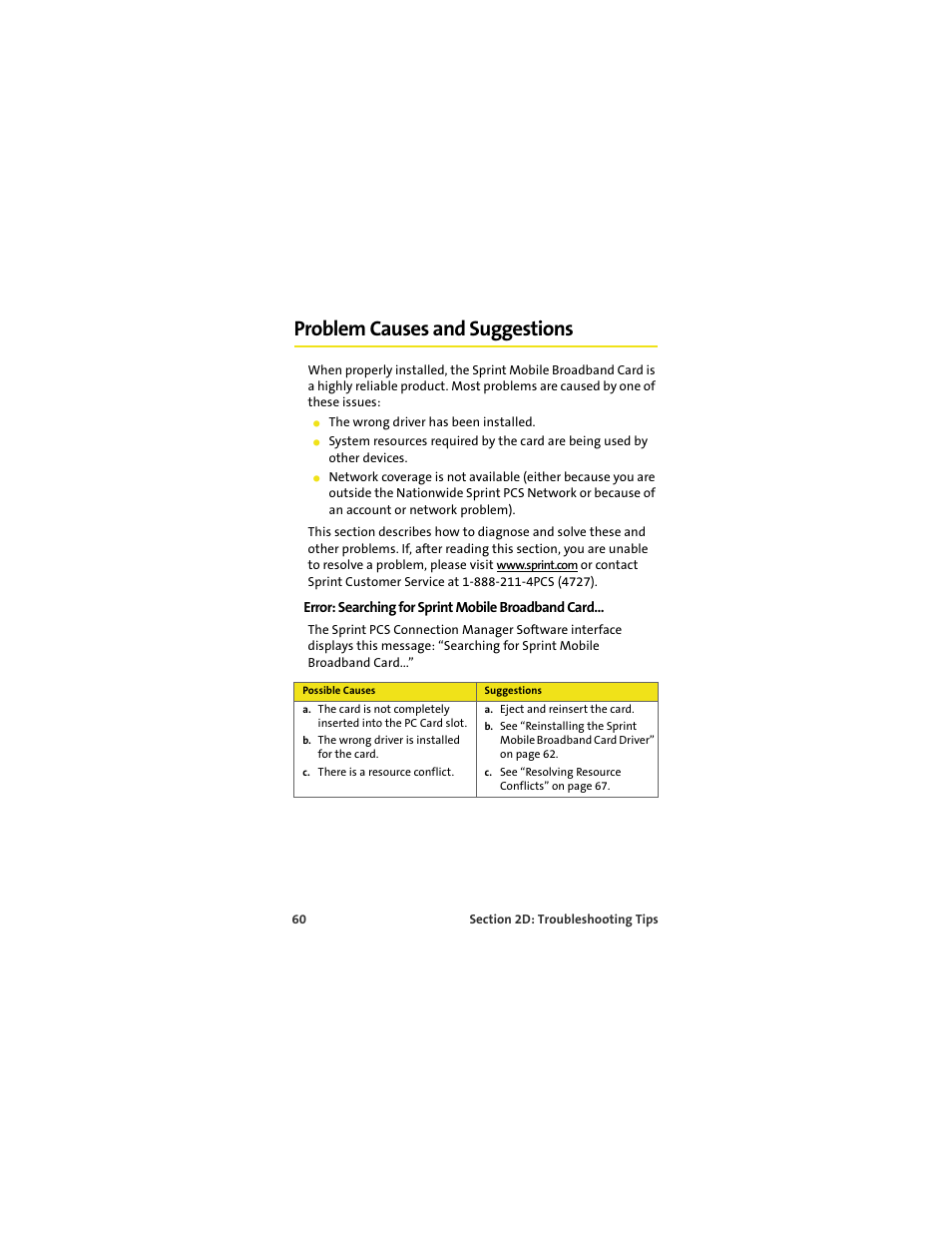 Problem causes and suggestions, Error: searching for sprint mobile broadband card | Sprint Nextel S720 User Manual | Page 66 / 119
