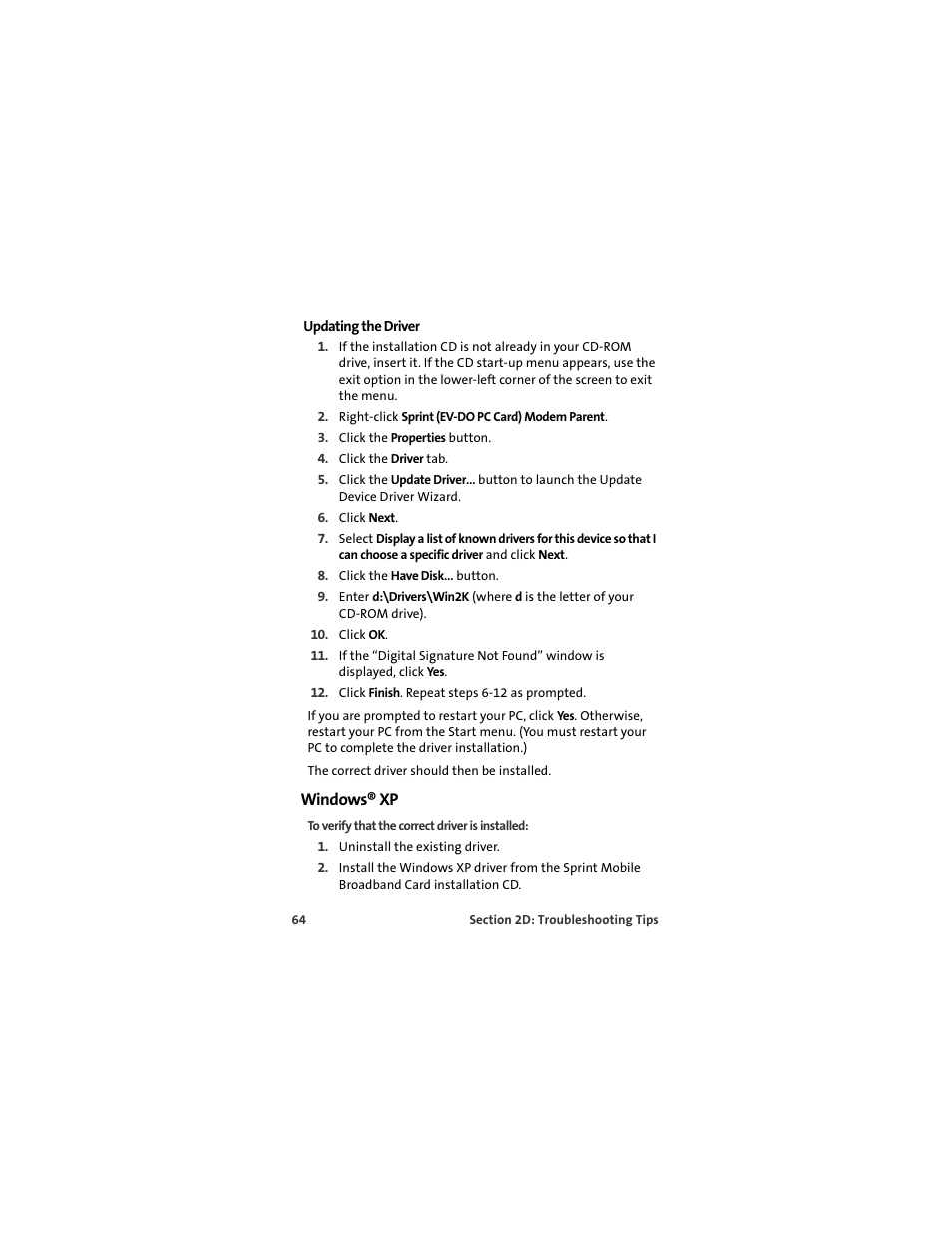 Updating the driver, Windows® xp | Sprint Nextel S720 User Manual | Page 70 / 119