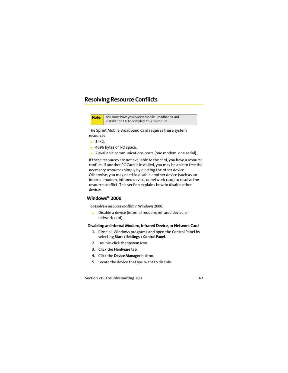 Resolving resource conflicts, Windows® 2000 | Sprint Nextel S720 User Manual | Page 73 / 119