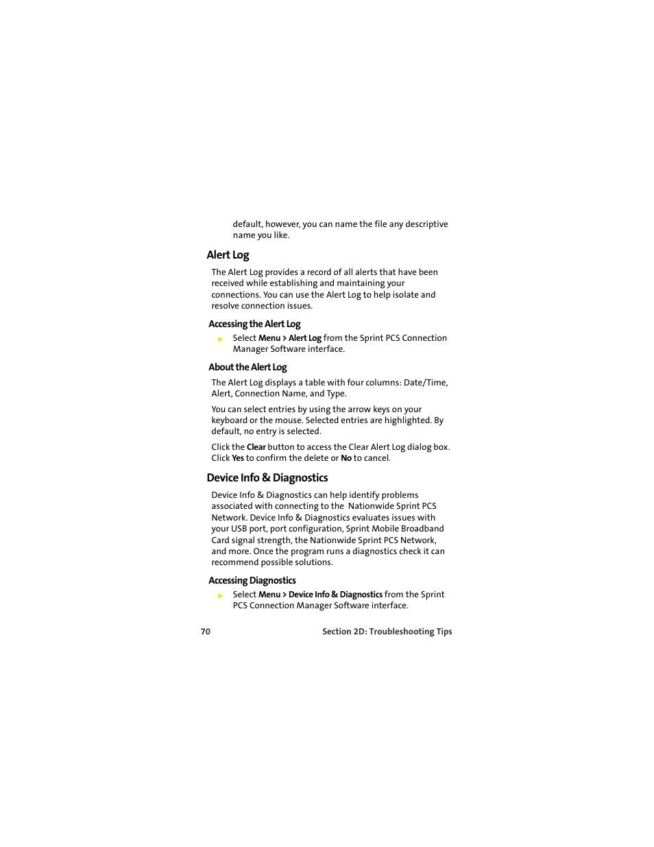 Alert log, Accessing the alert log, About the alert log | Device info & diagnostics, Accessing diagnostics | Sprint Nextel S720 User Manual | Page 76 / 119