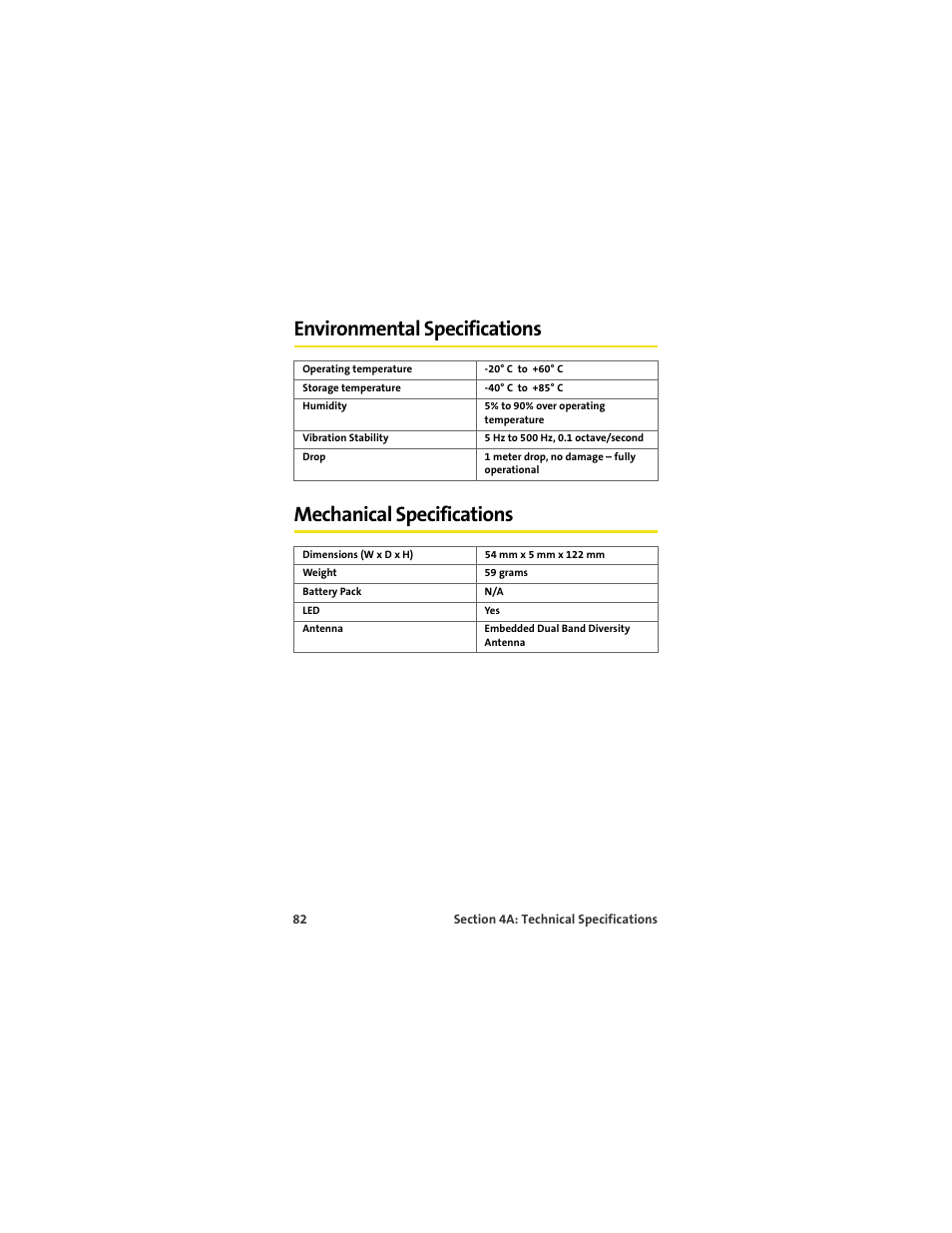 Environmental specifications, Mechanical specifications | Sprint Nextel S720 User Manual | Page 88 / 119