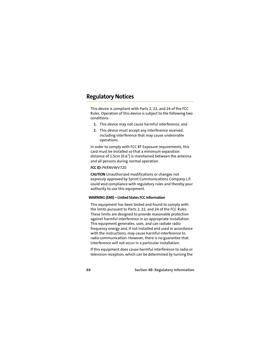 Regulatory notices, Warning (emi) - united states fcc information | Sprint Nextel S720 User Manual | Page 94 / 119