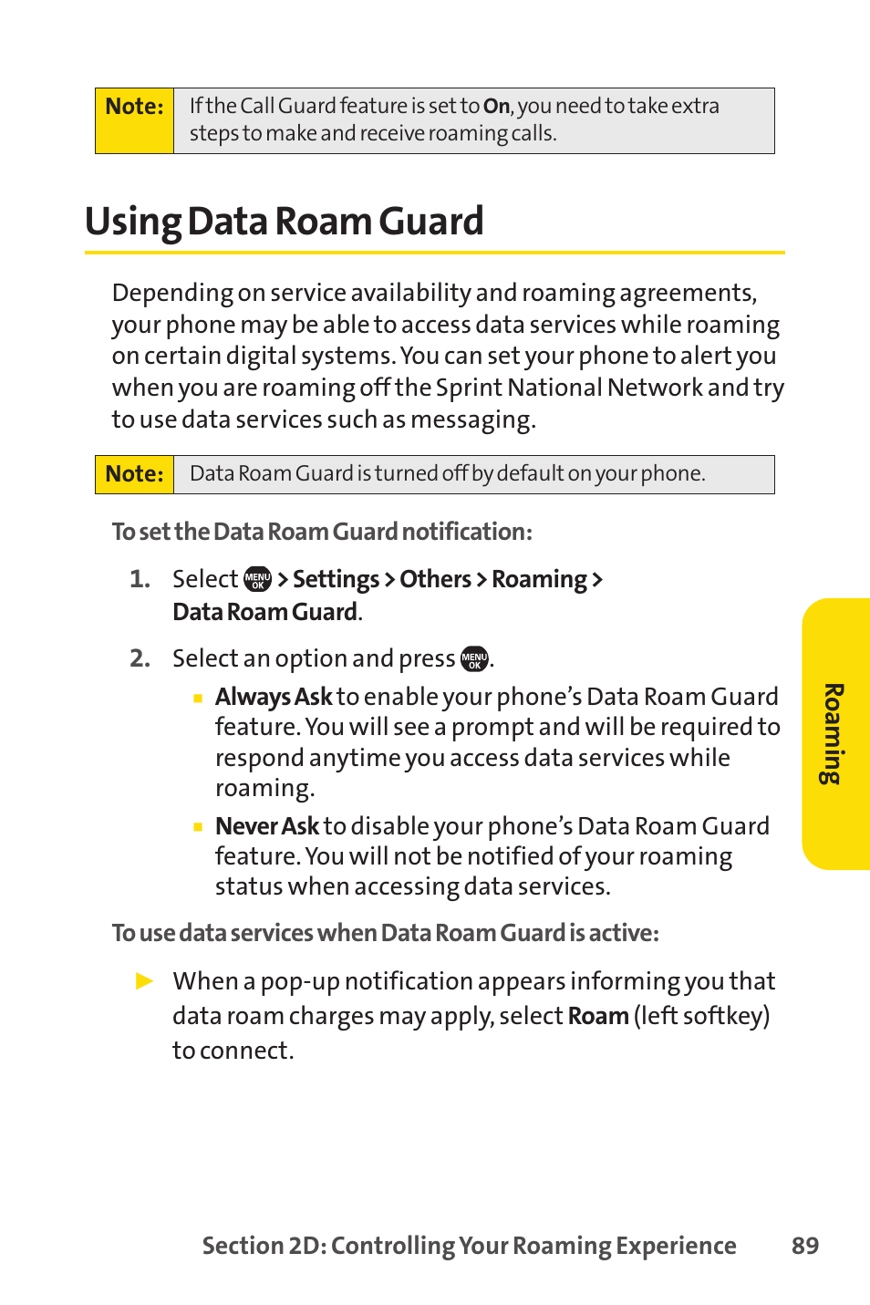Using data roam guard | Sprint Nextel SprintVision Katana 2 User Manual | Page 105 / 236