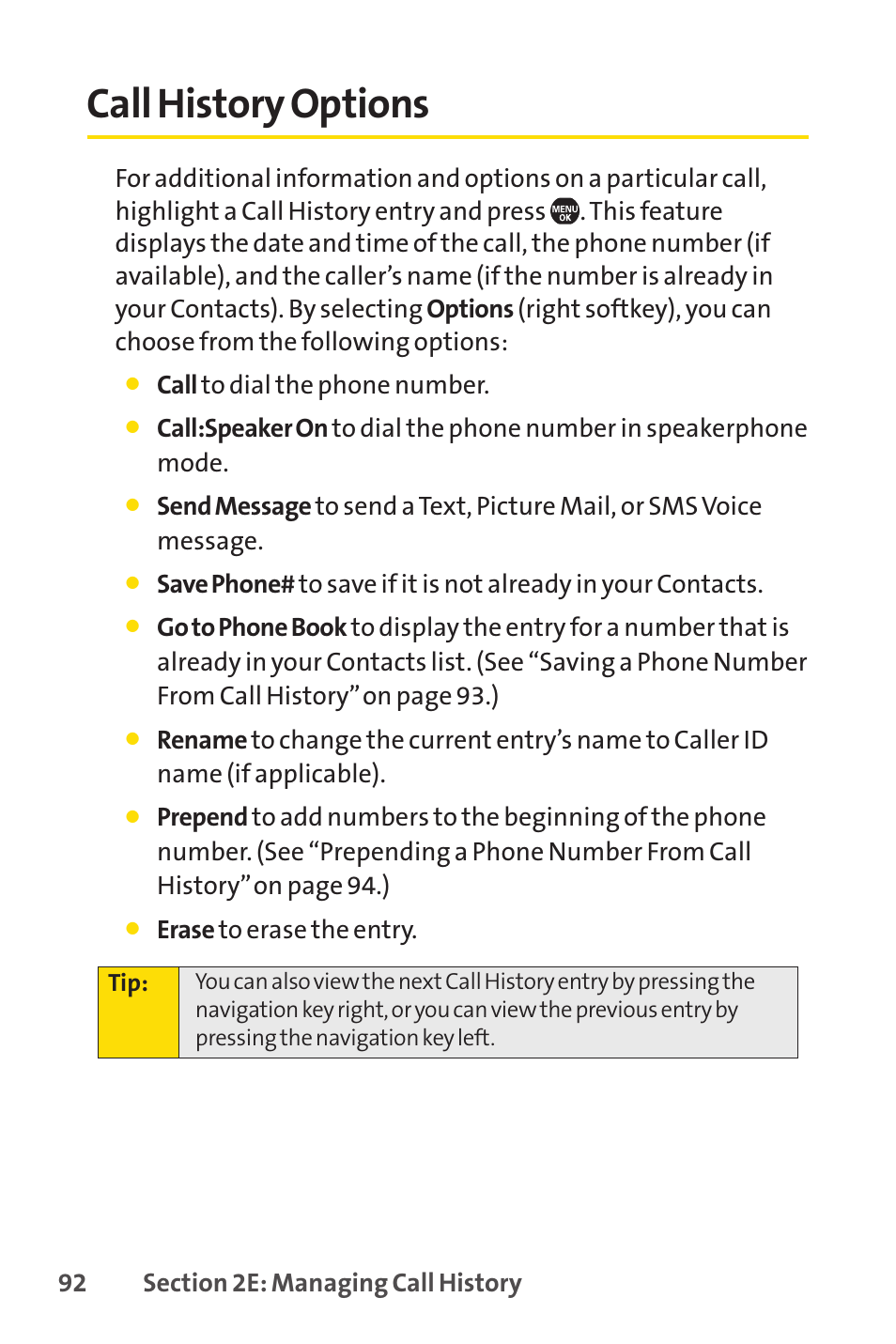 Call history options | Sprint Nextel SprintVision Katana 2 User Manual | Page 108 / 236