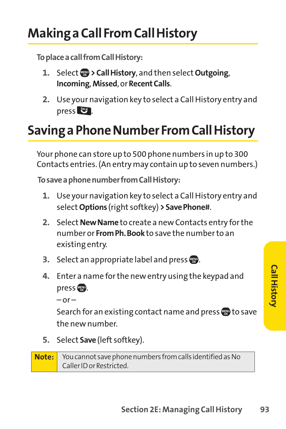 Making a call from call history, Saving a phone number from call history | Sprint Nextel SprintVision Katana 2 User Manual | Page 109 / 236