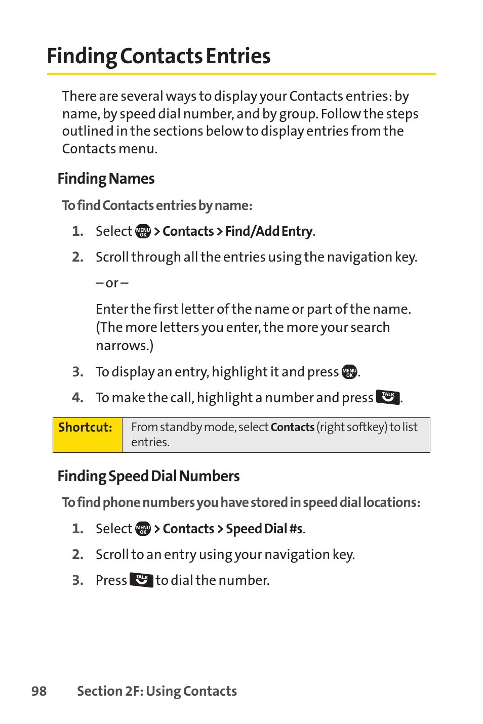 Finding contacts entries | Sprint Nextel SprintVision Katana 2 User Manual | Page 114 / 236