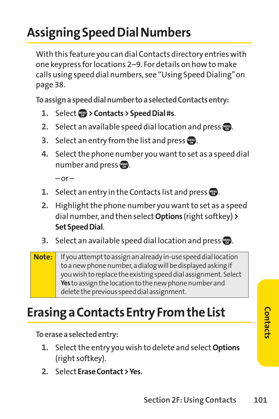 Assigning speed dial numbers, Erasing a contacts entry from the list | Sprint Nextel SprintVision Katana 2 User Manual | Page 117 / 236