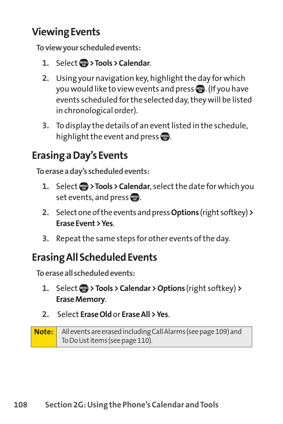 Viewing events, Erasing a day’s events, Erasing all scheduled events | Sprint Nextel SprintVision Katana 2 User Manual | Page 124 / 236