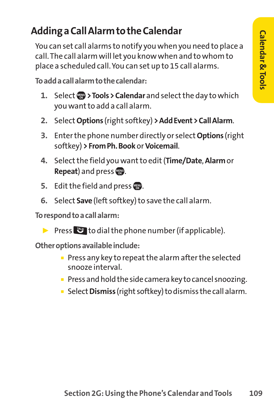 Adding a call alarm to the calendar | Sprint Nextel SprintVision Katana 2 User Manual | Page 125 / 236