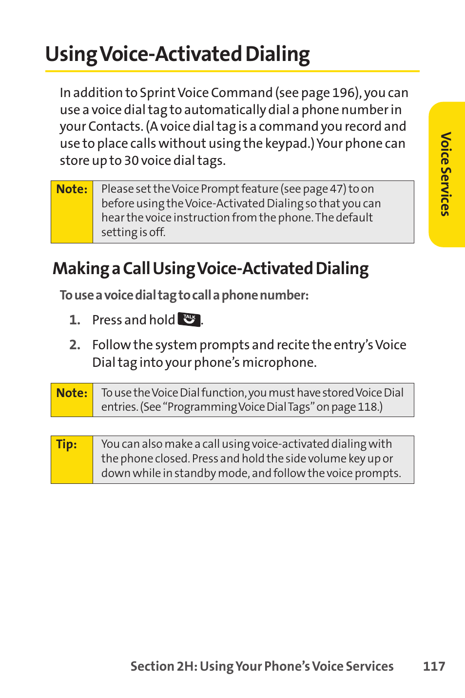Using voice-activated dialing, Making a call using voice-activated dialing | Sprint Nextel SprintVision Katana 2 User Manual | Page 133 / 236