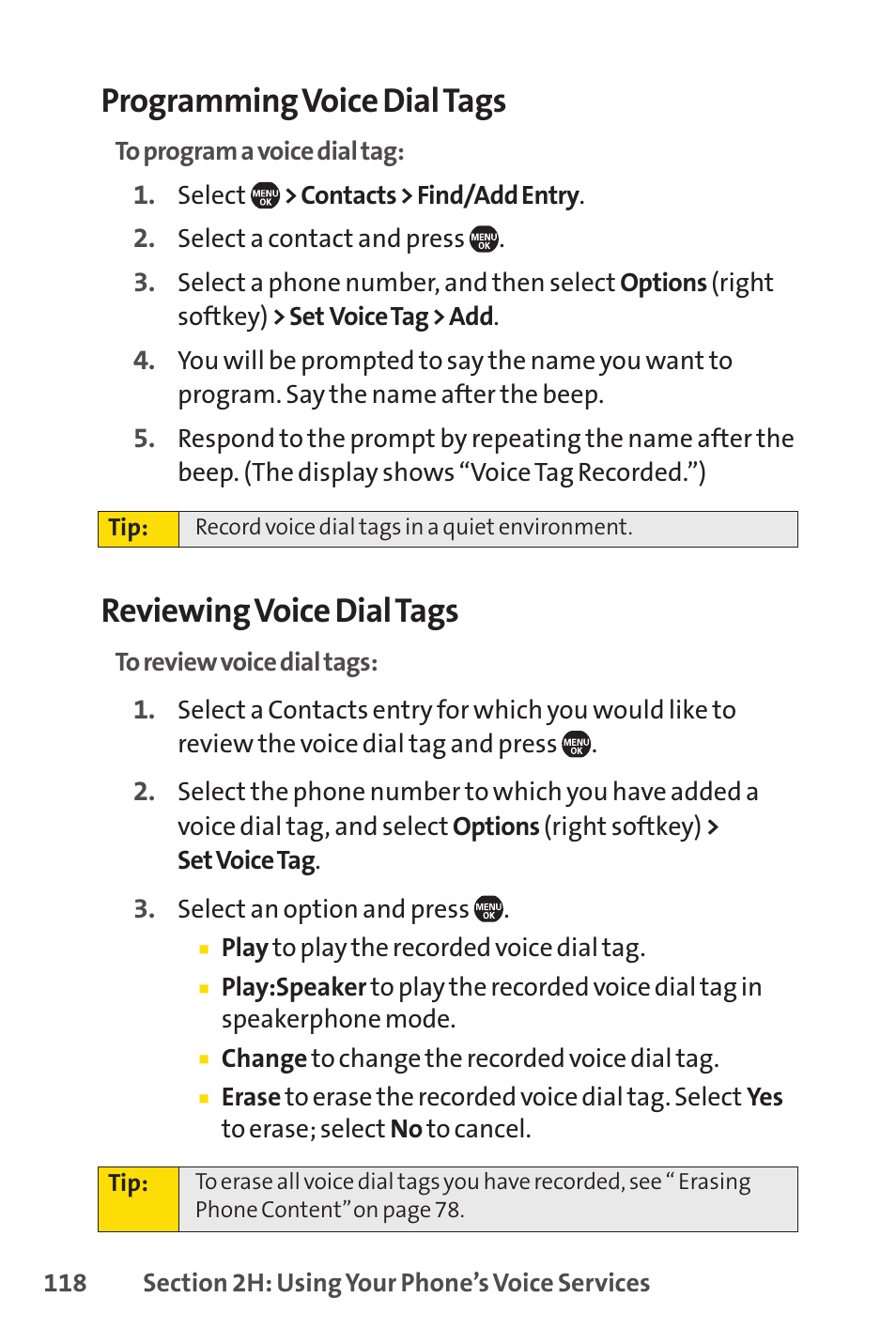 Programming voice dial tags, Reviewing voice dial tags | Sprint Nextel SprintVision Katana 2 User Manual | Page 134 / 236