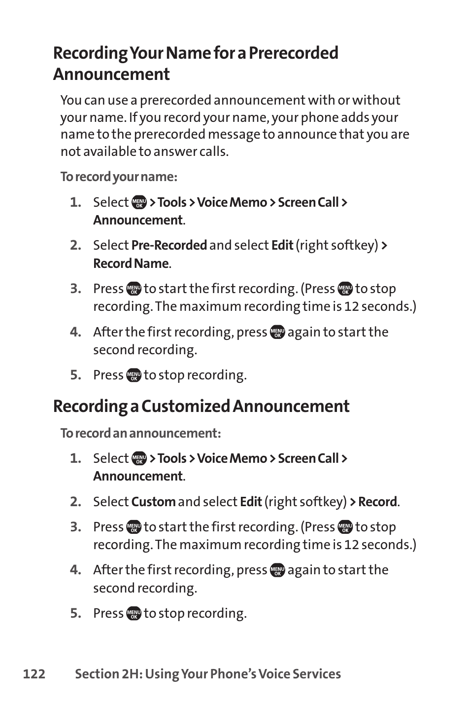 Recording your name for a prerecorded announcement, Recording a customized announcement | Sprint Nextel SprintVision Katana 2 User Manual | Page 138 / 236