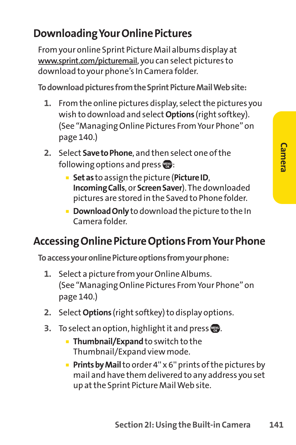 Downloading your online pictures, Accessing online picture options from your phone | Sprint Nextel SprintVision Katana 2 User Manual | Page 157 / 236