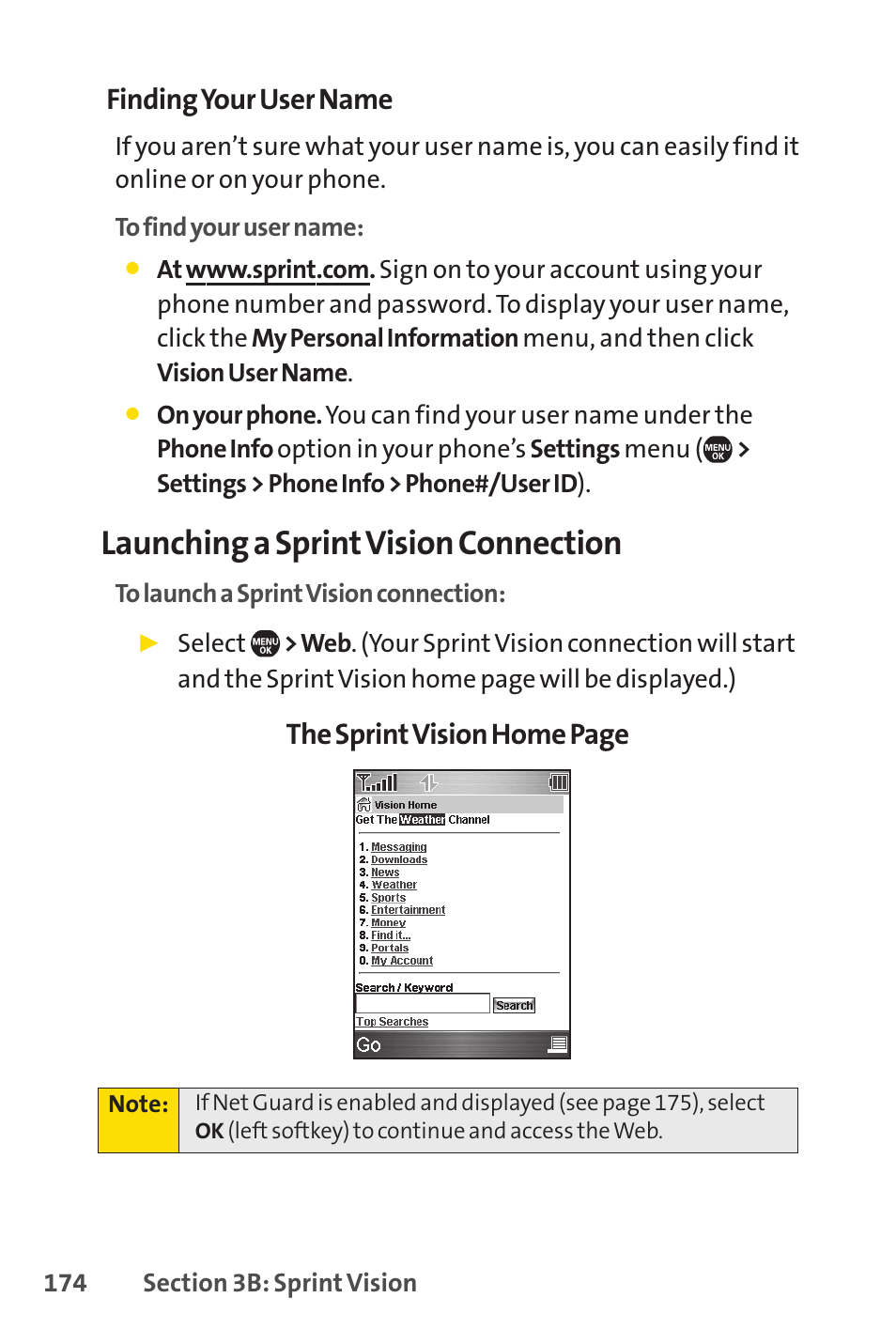 Launching a sprintvision connection, Finding your user name, The sprintvision home page | Sprint Nextel SprintVision Katana 2 User Manual | Page 190 / 236
