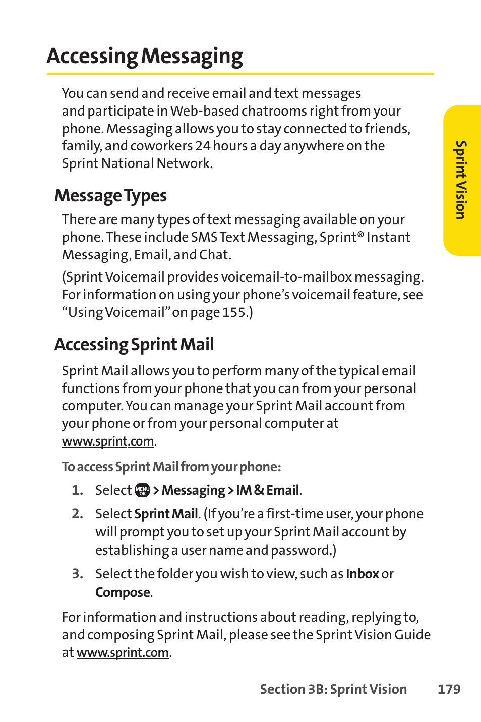 Accessing messaging, Message types, Accessing sprint mail | Sprint Nextel SprintVision Katana 2 User Manual | Page 195 / 236