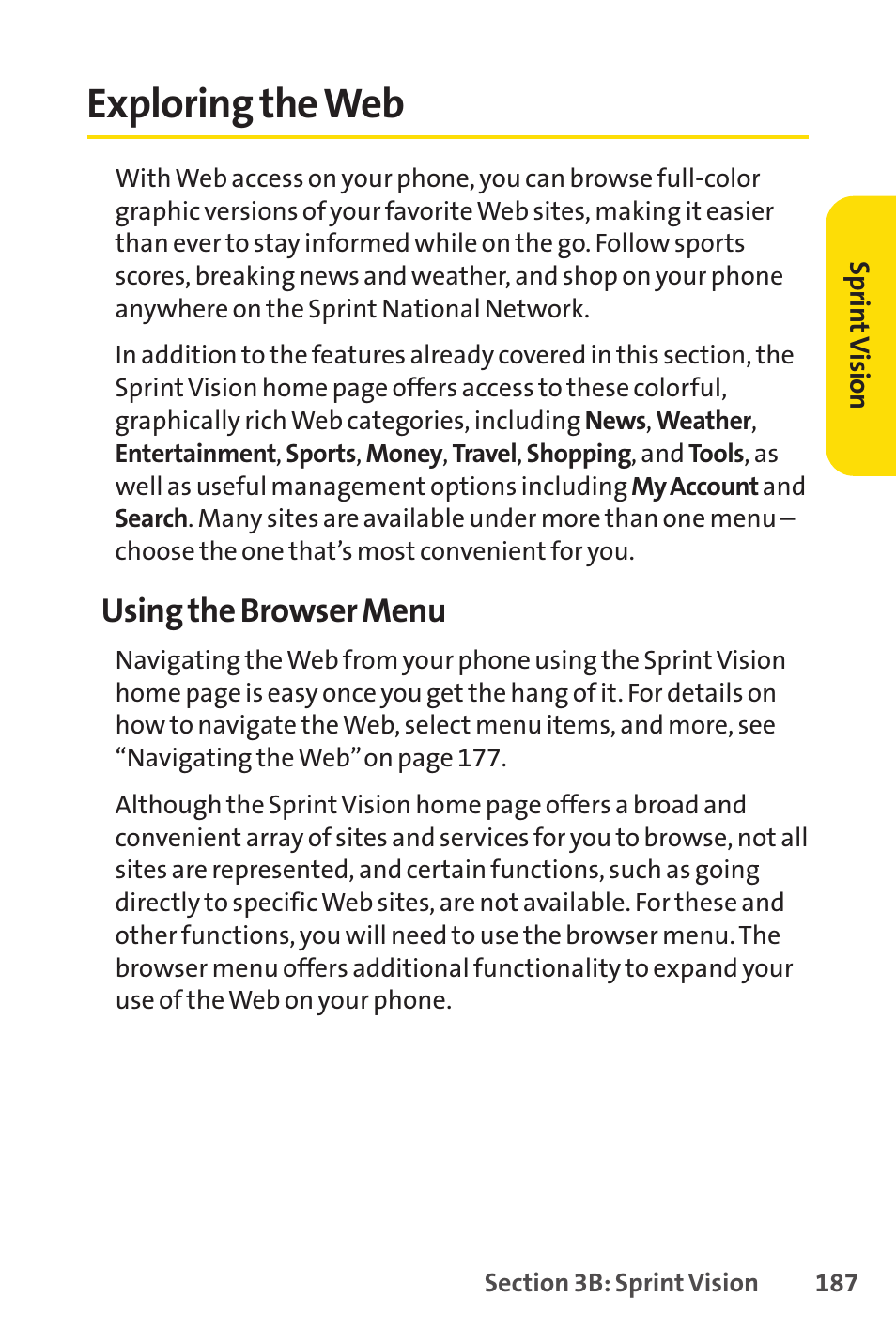 Exploring the web, Using the browser menu | Sprint Nextel SprintVision Katana 2 User Manual | Page 203 / 236