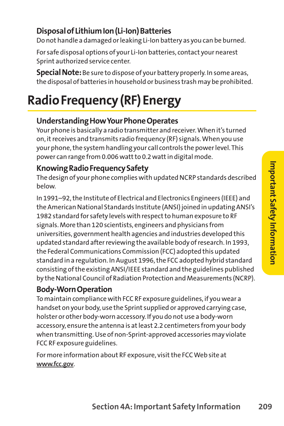 Radio frequency (rf) energy | Sprint Nextel SprintVision Katana 2 User Manual | Page 225 / 236