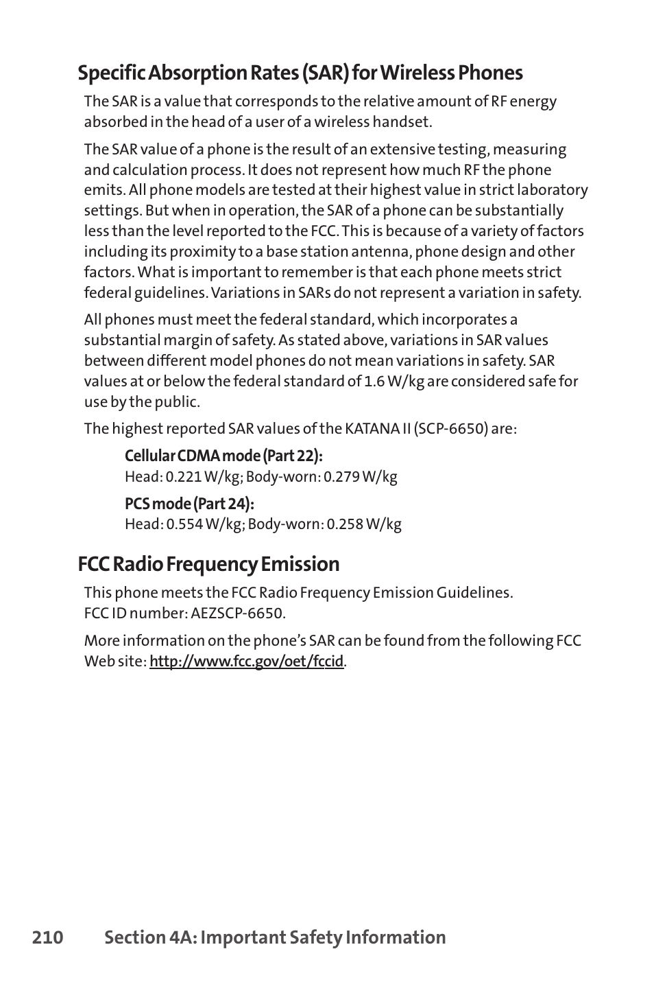 Fcc radio frequency emission | Sprint Nextel SprintVision Katana 2 User Manual | Page 226 / 236