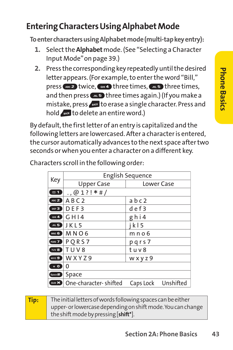 Entering characters using alphabet mode, Ph on e b as ics | Sprint Nextel SprintVision Katana 2 User Manual | Page 59 / 236