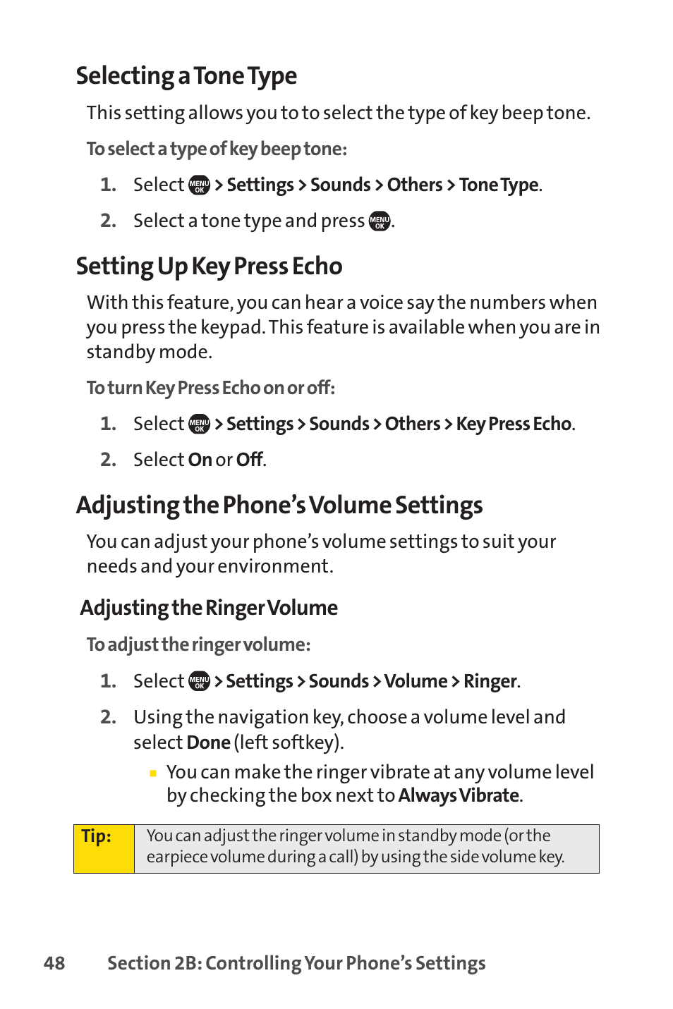 Selecting a tone type, Setting up key press echo, Adjusting the phone’s volume settings | Sprint Nextel SprintVision Katana 2 User Manual | Page 64 / 236