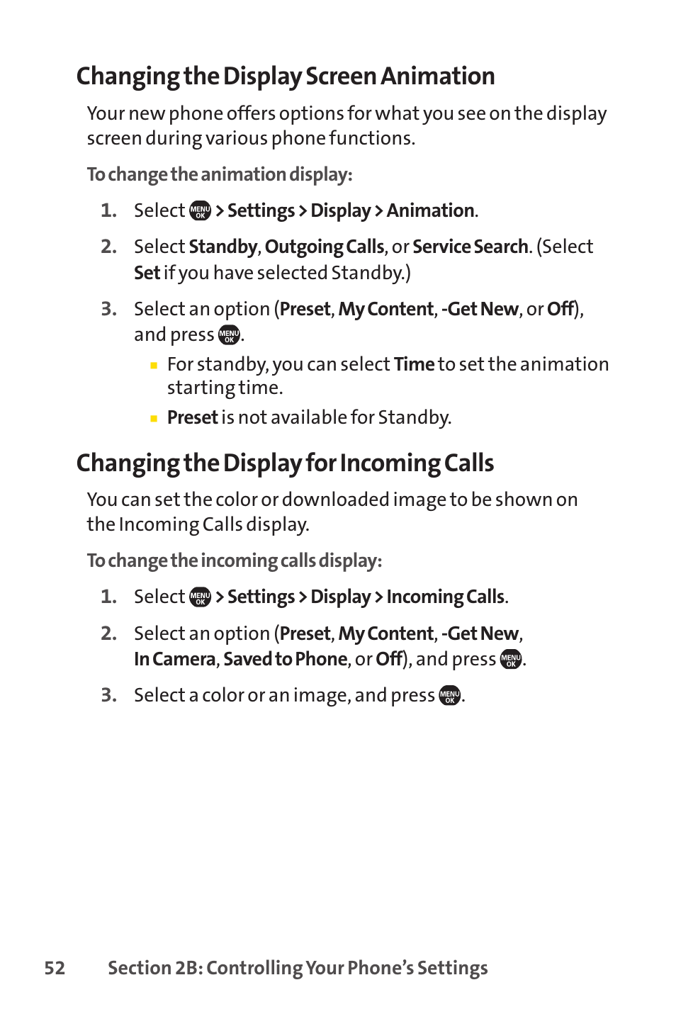 Changing the display screen animation, Changing the display for incoming calls | Sprint Nextel SprintVision Katana 2 User Manual | Page 68 / 236